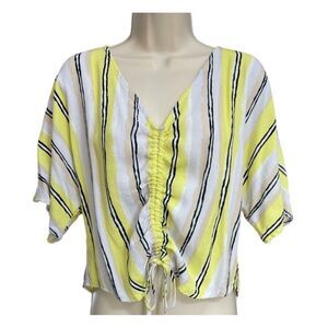 Cupcakes and Cashmere V-neck Cinch Blouse Spring Summer Yellow Stripe‎ Womens L